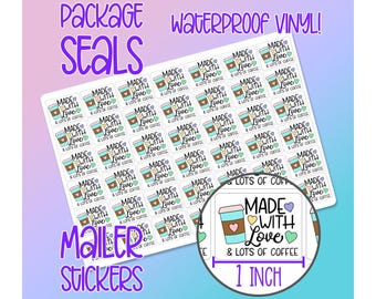 Made With Love & Lots of Coffee  •  Small Business Package and Envelope Seals / Labels - Waterproof Matte Vinyl Stickers