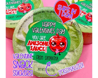 Personalized Classroom Valentine Snack Stickers • Fits snack sized apple sauce containers or Squeeze pouches
