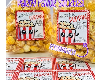 Birthday Party Favor Stickers • Personalized Popcorn Thank You Tags