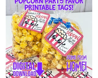 Printable Birthday Party Favor Labels • DIY Popcorn Favor Bag Tags Digital Download