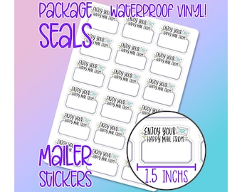 Enjoy Your Happy Mail From  •  Small Business Package and Envelope Seals / Labels - Waterproof Matte Vinyl Stickers