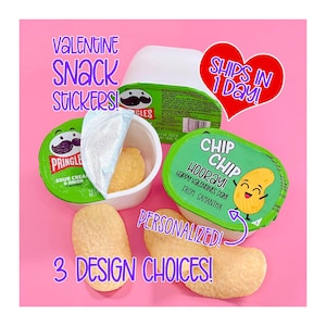 May include: Valentine's Day snack stickers featuring Pringles potato crisps. The image shows three containers of chips with the text "Valentine Snack Stickers!" and "3 Design Choices!" on a pink background. One container is open, revealing the chips.