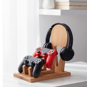 K&ouml;nnte beinhalten: Gaming-Station aus Holz mit nat&uuml;rlichem Finish, die ein Paar schwarze und rote Gamecontroller und ein Paar schwarze Kopfh&ouml;rer h&auml;lt. Die Controller liegen auf der Holzbasis, und die Kopfh&ouml;rer h&auml;ngen an dem Holzst&auml;nder.