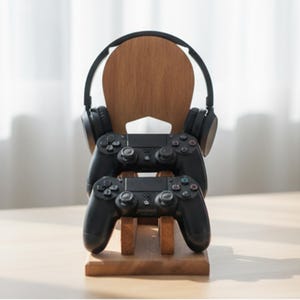 K&ouml;nnte beinhalten: Ein Holzst&auml;nder f&uuml;r Gaming-Headsets und Controller. Der St&auml;nder aus hellbraunem Holz h&auml;lt zwei schwarze Gamecontroller und ein schwarzes Headset. Der St&auml;nder dient zur Aufbewahrung von Gaming-Zubeh&ouml;r.
