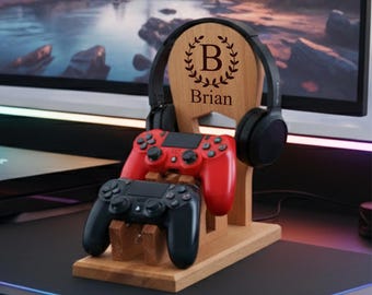 Personalized Beech Wood Gaming Stand, Holds 2 Controllers + Headset, Handcrafted Desk Organizer