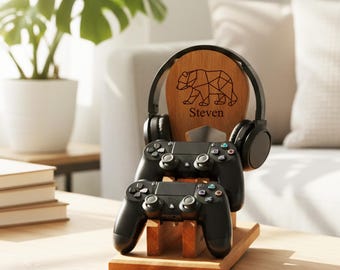 Personalized Wooden Gaming Stand for Headset and Controllers