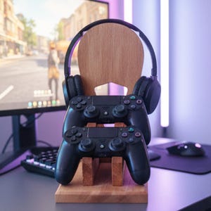 K&ouml;nnte beinhalten: Ein Holzst&auml;nder f&uuml;r Gaming-Headsets und Controller. Der St&auml;nder h&auml;lt zwei schwarze Gamecontroller und ein Paar schwarze Kopfh&ouml;rer. Der St&auml;nder ist aus hellbraunem Holz gefertigt und steht auf einem Schreibtisch.