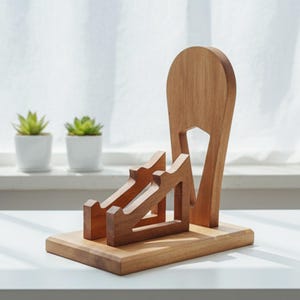K&ouml;nnte beinhalten: Ein Kopfh&ouml;rerst&auml;nder aus Holz mit nat&uuml;rlichem Finish. Der St&auml;nder hat eine rechteckige Basis, eine Haltestruktur f&uuml;r die Kopfh&ouml;rer und eine hohe, gebogene R&uuml;ckseite. Im Hintergrund sind zwei kleine Topf-Sukkulenten zu sehen.