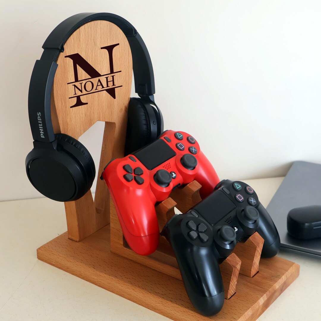 Personalized Wooden Controller Stand, Dual Controller & Headset Holder ...