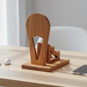 K&ouml;nnte beinhalten: Ein Telefonst&auml;nder aus hellem Holz. Der St&auml;nder hat ein einzigartiges Design mit einem hohen, gew&ouml;lbten R&uuml;cken und einem Ausschnitt. Er hat eine kleine Plattform f&uuml;r ein Telefon und ein Ladekabel. Wei&szlig;e Ohrh&ouml;rer und ein Smartphone sind ebenfalls zu sehen.