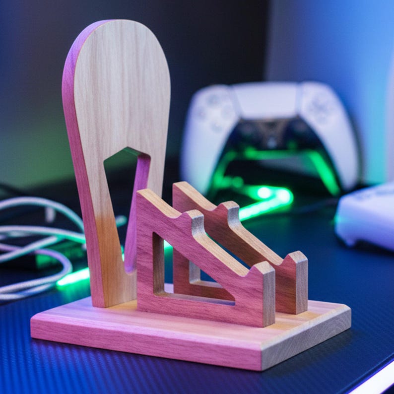 K&ouml;nnte beinhalten: Ein Gaming-Controller-St&auml;nder aus Holz mit zweifarbigem Design. Der St&auml;nder hat eine hellfarbige Holzr&uuml;ckseite und eine rosarot-farbene Basis und Controller-Halter. F&uuml;r zwei Controller.