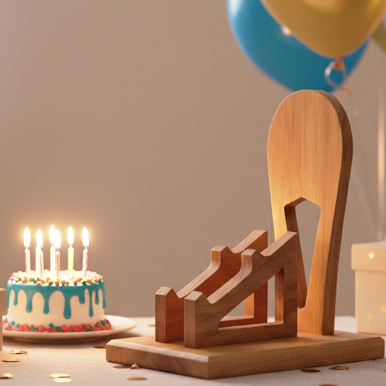K&ouml;nnte beinhalten: Ein Handy-St&auml;nder aus Holz mit einem einzigartigen Design, bestehend aus einem Sockel und einer aufrechten St&uuml;tze. Im Hintergrund ein kleiner Geburtstagskuchen mit brennenden Kerzen. Ballons sind oben rechts zu sehen.