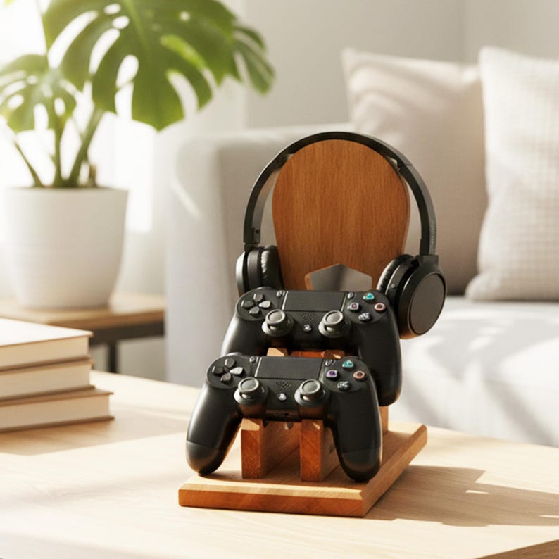 K&ouml;nnte beinhalten: Ein Holz-Gaming-St&auml;nder mit zwei schwarzen Gamecontrollern und einem schwarzen Kopfh&ouml;rer. Der St&auml;nder ist aus hellbraunem Holz und steht auf einem Holztisch. Eine Zimmerpflanze und ein Sofa sind im Hintergrund.