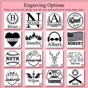 K&ouml;nnte beinhalten: Eine Auswahl an Gravuroptionen mit verschiedenen Designs. Designs umfassen Initialen, Namen, ein Herz, Berge, Kopfh&ouml;rer, eine amerikanische Flagge, einen Baseball, einen Gamecontroller, einen Hirsch, einen B&auml;ren, einen Totenkopf, ein Schwert und ein Ziel.