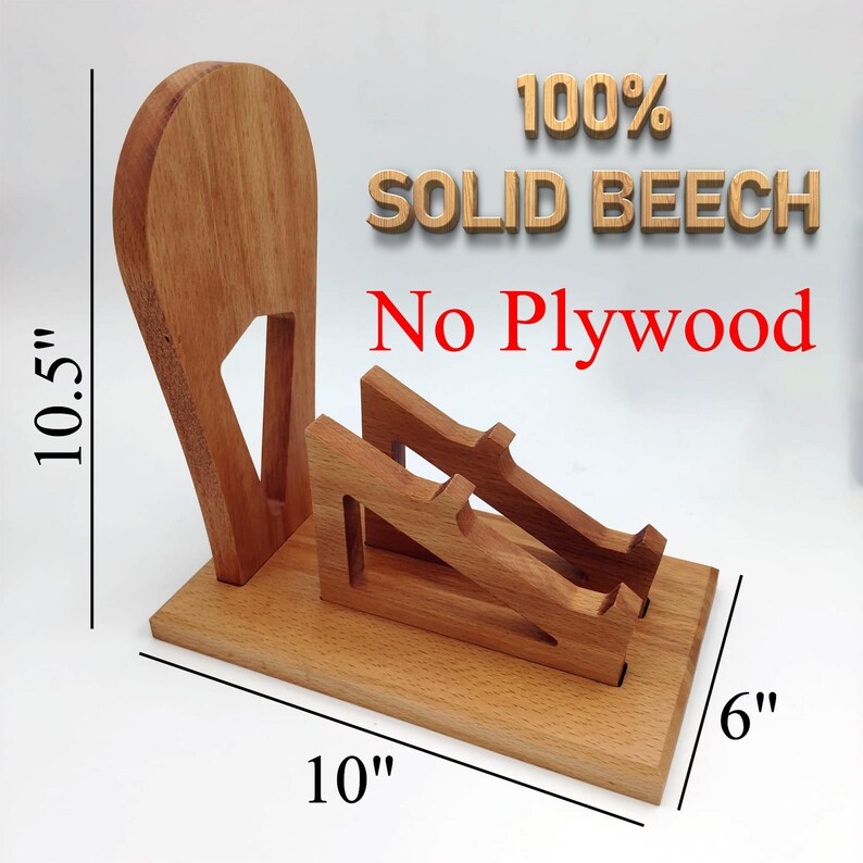 K&ouml;nnte beinhalten: Ein Telefonst&auml;nder aus massivem Buchenholz. Der St&auml;nder ist 25,4 cm lang, 15,2 cm breit und 26,7 cm hoch. Der Text "100% SOLID BEECH No Plywood" ist sichtbar.