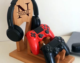 Handmade Wooden Headset & Controller Stand, Personalized Gaming Desk Organizer