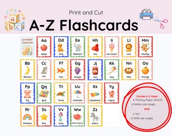 Printable ABC Flashcards for Kids, Alphabet Learning Cards with Illustrations, Learn ABC Preschool & Toddler, Montessori Homeschool Activity