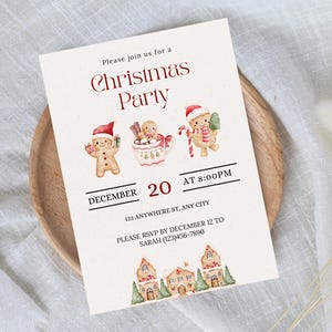 Puede incluir: Invitación a una fiesta de Navidad con ilustraciones de hombrecitos de jengibre, una taza de chocolate caliente y casas. El texto de la invitación dice "Fiesta de Navidad" e incluye la fecha, la hora y la información de RSVP.