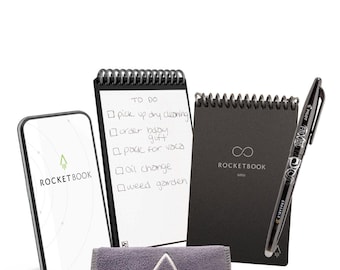Rocketbook - Mini bloc de notas inteligente reutilizable, tamaño de bolsillo, 3,5 x 5,5 pulgadas, negro, páginas punteadas, conexión a la aplicación, borrable, ideal para llevar.