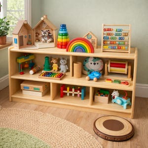 May include: A wooden toy shelf filled with various colorful toys. Includes a rainbow stacker, abacus, wooden houses, and animal figurines. The shelf is made of light-colored wood and sits on a light-colored wooden floor.