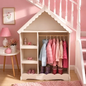 Kids Dress Up Storage Armoire with Mirror & Touch Light, Costume Rack with Hanging Rod, 3 Cubby Shelves , Shoe Storage