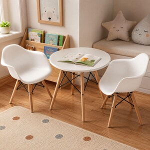 Kids Table and Chairs Set with 4 Armchairs, Wooden Round Activity Table for Toddlers, Playroom Furniture
