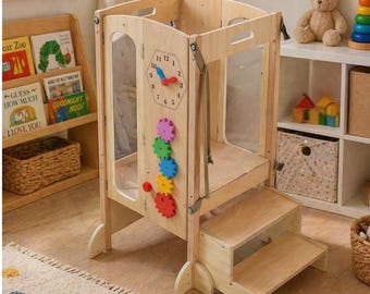 Foldable Wooden Toddler Tower – Montessori Learning Kitchen Helper with Chalkboard, Activities, Step Stool