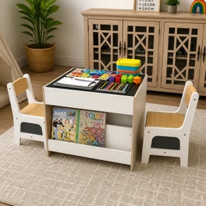 Kids Desk and Chair Set with Chalkboard, Whiteboard, and Storage – Play, Study, Dining