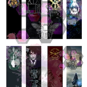 May include: Set of 8 Harry Potter themed bookmarks. The bookmarks feature various images including the Hogwarts crest, the Deathly Hallows symbol, a bee, a Gryffindor crest, Harry Potter, a woman with a flower in her hair, and a figure standing in front of Hogwarts.