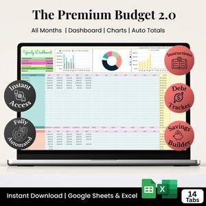 May include: A laptop screen displays a budget template titled "The Premium Budget 2.0." The template includes charts, a dashboard, and auto totals. Additional features include instant access, fully automated functions, a debt tracker, and a savings builder. The text "Instant Download | Google Sheets & Excel" is also visible.