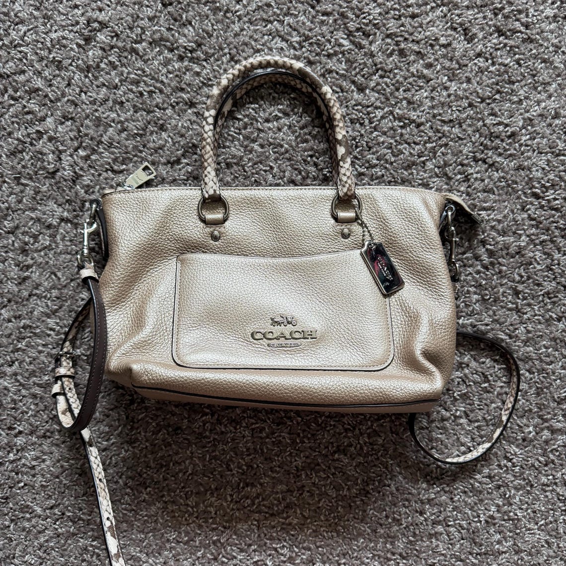 Coach Mini Emma Satchel S38877, Metallic Rose Gold Crossbody Bag, Snake Embossed Leather, foto 1 di 5