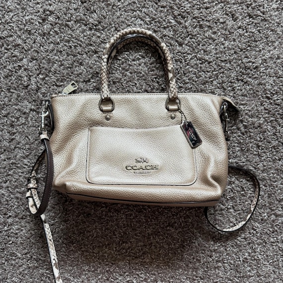 Coach Mini Emma Satchel S38877, Metallic Rose Gold Crossbody Bag, Snake Embossed Leather
