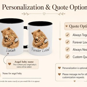 Personalization and quote options image for angel baby bear memorial mug, showing name placement, Forever Loved phrase, Always Together phrase, and custom quote options.