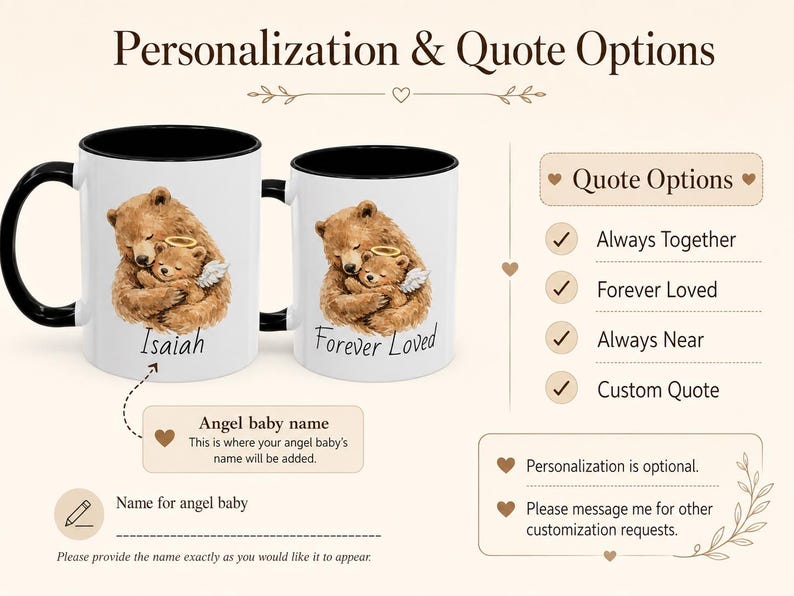 Personalization and quote options image for angel baby bear memorial mug, showing name placement, Forever Loved phrase, Always Together phrase, and custom quote options.