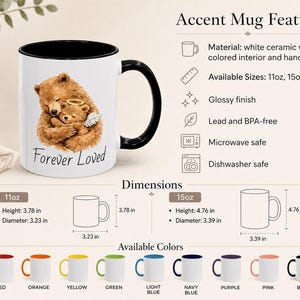 Full accent mug information chart showing angel baby bear memorial mug, color options, 11 oz and 15 oz sizing, glossy ceramic finish, and care details.