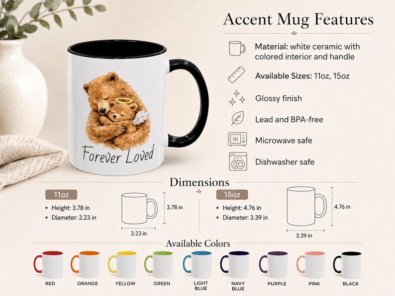 Full accent mug information chart showing angel baby bear memorial mug, color options, 11 oz and 15 oz sizing, glossy ceramic finish, and care details.