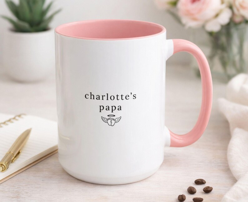 remembrance coffee mug for dad after miscarriage or stillbirth, custom name(s) design on ceramic mug with black interior, styled next to coffee beans.
