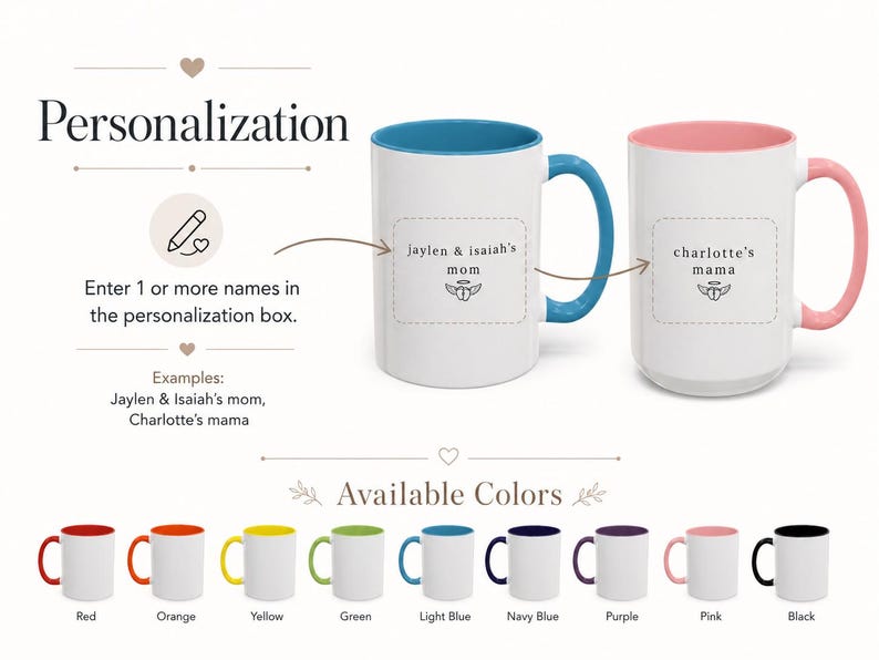 May include: White ceramic mugs with coloured interiors and handles are shown. One mug has a blue interior and handle, the other a pink interior and handle. Text on the mugs reads "Jaylen & Isaiah's mom" and "charlotte's mama". Additional colour options are displayed.