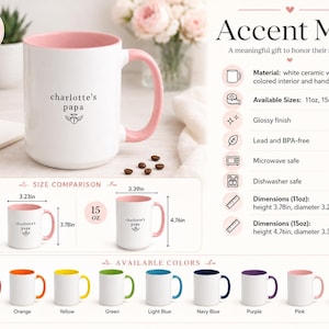 May include: White ceramic accent mug with a pink interior and handle. The mug features the text "charlotte's papa" and is available in 11oz and 15oz sizes. Dimensions: 3.78in height, 3.23in diameter (11oz). Available in various colors.