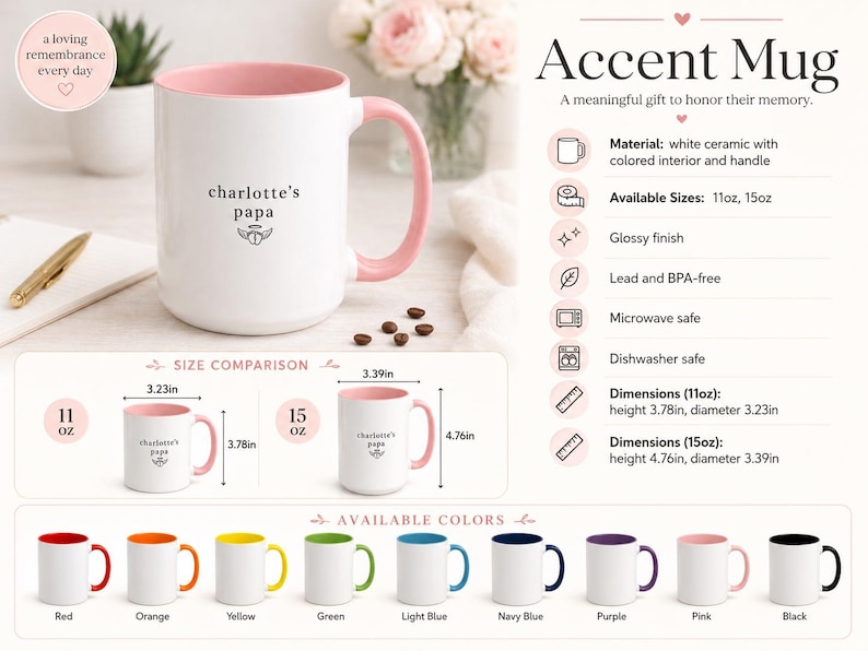 May include: White ceramic accent mug with a pink interior and handle. The mug features the text "charlotte's papa" and is available in 11oz and 15oz sizes. Dimensions: 3.78in height, 3.23in diameter (11oz). Available in various colors.