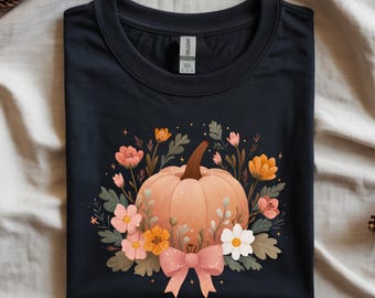 Fall Boho Floral Pumpkin Bow Png, Preppy Floral Pumpkin Png, Vintage Bow Fall Png, Thanksgiving Png, Autumn Sublimation, Fall Shirt Png