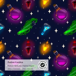 May include: Digital paper featuring a repeating pattern of glowing potion bottles in various colors, including purple, green, yellow, and red, set against a dark blue starry background. The text "Potion Garden" and "Potion Alchemy Digital Paper" is included.