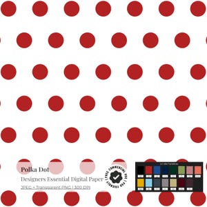May include: White digital paper with a repeating pattern of evenly spaced, large red polka dots. The image includes text that reads "Polka Dot" and "Designers Essential Digital Paper".