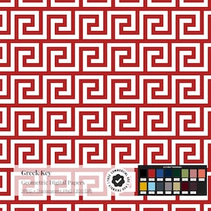 May include: Red and white Greek key pattern. The repeating design features a geometric key motif. The image includes text that reads "Greek Key" and "Geometric Digital Papers". A color variation chart is also included.