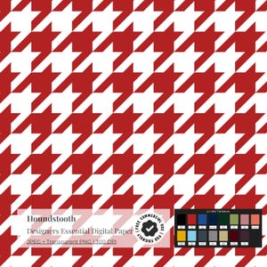 Könnte beinhalten: Digitales Papier mit rotem und weißem Hahnentrittmuster. Das Design ist ein sich wiederholendes Muster aus roten und weißen Formen. Das Bild enthält den Text "Houndstooth Designers Essential Digital Paper". Eine Farbpalette ist ebenfalls enthalten.