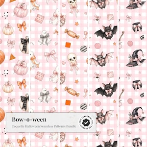 Bow-o-ween Coquette Halloween Seamless Pattern Bundle, Preppy Rosett Akvarell Flickigt Rosa Gingham, Söt Pastell Spöklik Yta Design