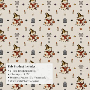 Full repeat tile layout of whimsical stitched ghost pattern designed for seamless fabric printing and cozy halloween wallpaper.