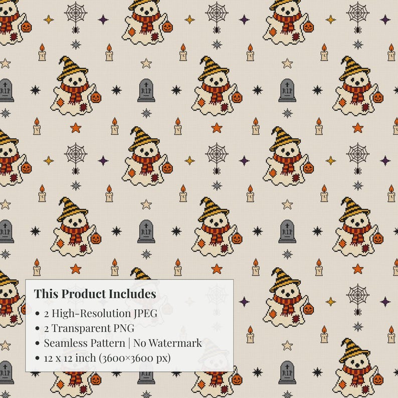 Full repeat tile layout of whimsical stitched ghost pattern designed for seamless fabric printing and cozy halloween wallpaper.