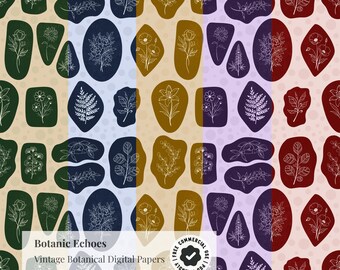 May include: Digital paper set featuring a repeating pattern of botanical illustrations in various shapes and colors. The designs include floral and leaf outlines in white, set against backgrounds of green, gold, navy, purple, and burgundy. The text "Botanic Echoes" is visible.