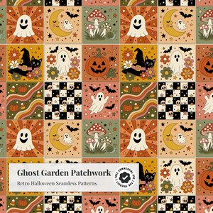 Ghost Garden Patchwork Retro Halloween Seamless Pattern, Handdrawn Groovy Folk Art, Vintage Checkerboard Quilt Screen Print Surface Design